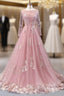 A-Line Pink Tulle Appliques Sequins Long Sleeve Formal Prom Dresses