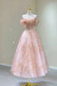 A Line Pink Tulle Lace Off The Shoulder Formal Prom Dresses, Formal Evening Dresses