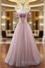 A-line Pink Tulle Off the Shoulder Beading Pleats Formal Prom Dresses
