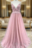 A-Line Pink Tulle Spaghetti Straps Backless Beading Formal Prom Dresses