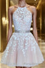 A-Line/Princess Halter Short/Mini Tulle Homecoming Dresses With Appliques Lace
