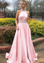 A-line/Princess High-Neck Sleeveless Sweep Train Satin Prom Dresses With Waistband Beading