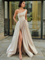 A-Line/Princess One-Shoulder Floor-Length Satin Prom Dresses With Leg Slit