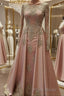 A-Line/Princess Scoop Floor-Length Tulle Evening Dresses With Appliques Lace