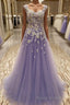 A-Line/Princess Scoop Floor-Length Tulle Evening Dresses With Appliques Lace