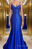 A-Line/Princess Spaghetti Straps Sweep Train Silk like Satin Formal Prom Dresses With Ruffles