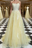 A-Line/Princess Spaghetti Straps Sweep Train Tulle Formal Prom Dresses With Appliques Lace