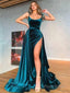 A-Line/Princess Spaghetti Straps Sweep Train Velvet Prom Dresses With Leg Slit