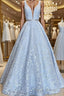 A-Line/Princess Straps Floor-Length Lace Formal Prom Dresses With Appliques Lace