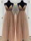 A-Line/Princess V-neck Floor-Length Tulle Prom Dresses With Beading