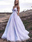 A-Line/Princess V-neck Sweep Train Prom Dresses With Pockets