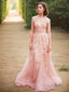 A-Line/Princess V-neck Sweep Train Tulle Wedding Dresses With Appliques Lace