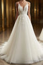 A-Line/Princess V-neck Sweep Train Tulle Wedding Dresses With Appliques Lace
