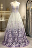 A-Line/Princess V-Neck Tulle Applique Sleeveless Floor-Length Formal Prom Dresses