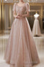 A-Line Formal Prom Dresses Elegant Dresses Engagement Formal Prom Floor Length Half Sleeve Square Neck Satin With Appliques