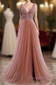 A-Line Formal Prom Dresses Elegant Dresses Party Wear Court Train Sleeveless V Neck Polyester With Pearls Embroidery