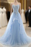 A Line Formal Prom Dresses Sweetheart Tulle With Applique Sweep Train