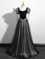 A-Line Puff Sleeves Black Long Formal Prom Dresses, Black Sweet 16 Dresses