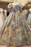 A-Line Puff Sleeves Gold Long Formal Prom Dresses Quinceanera Dresses With Flower Elegant