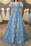 A-Line Puff Sleeves Lace Gray Blue Long Formal Prom Dresses, Gray Blue Formal Dresses