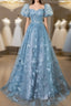 A-Line Puff Sleeves Lace Gray Blue Long Formal Prom Dresses, Gray Blue Formal Dresses