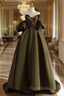A-Line Puff Sleeves Olive Green Satin Long Formal Prom Dresses, Olive Green Long Evening Dresses