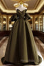 A-Line Puff Sleeves Olive Green Satin Long Formal Prom Dresses, Olive Green Long Formal Dresses