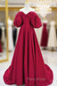 A-Line Puff Sleeves Satin Dark Red Long Formal Prom Dresses, Dark Red Long Evening Dresses