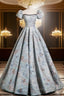 A-Line Puff Sleeves Satin Gray Blue Long Formal Prom Dresses, Gray Blue Long Formal Dresses