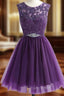 A-Line Purple Tulle Lace Apliques Beading Homecoming Dresses