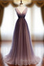 A-line Purple Tulle V-Neck Pleats Sleeveless Formal Prom Dresses