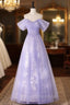 A-line Purple Tulle with Lace Off Shoulder Formal Dresses, Purple Tulle Formal Prom Dresses