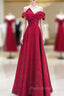 A-Line Red Satin Long Off Shoulder Evening Dresses, Simple Floor Length Formal Prom Dresses