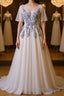 A Line Round Neck Half Sleeves Gray Lace Formal Prom Dresses, Gray Floral Long Formal Evening Dresses