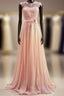 A-Line Round Neck Sweep Train Lace Coral Formal Prom Dresses, Formal Dresses, Lace Bridesmaid Dresses