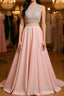A Line Round Neck Two Pieces Beaded Pink Formal Prom Dresses, Two Pieces Pink Formal Dresses, Pink Evening Dresses