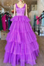 A Line Ruffles Purple Tulle Long Formal Prom Dresses