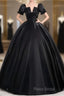 A-Line Satin Black Long Formal Prom Dresses Quinceanera Dresses Short Sleeves Formal Dresses