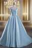 A-Line Satin Blue Long Formal Prom Dresses, Blue Long Formal Dresses