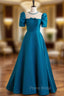 A-Line Satin Blue Long Formal Prom Dresses, Blue Long Formal Evening Dresses