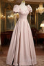 A-Line Satin Floor Length Pink Corset Formal Prom Dresses, Off the Shoulder Evening Dresses