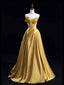 A-Line Satin Gold Long Formal Prom Dresses, Gold Long Formal Dresses