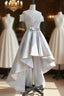 A-Line Scoop Neckline Lace Gray Formal Prom Dresses, High Low Style Satin Formal Dresses