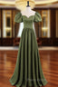 A-Line Scoop Neckline Puff Sleeves Satin Long Green Formal Prom Dresses, Green Formal Dresses