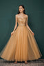 A-Line Scoop Neckline Sheer Appliques Beaded Ankle Length Prom Dresses
