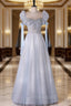 A-Line Scoop Neckline Tulle Light Blue Long Formal Prom Dresses with Beads