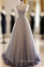 A-Line Scoop Neckline Tulle Long Formal Prom Dresses with Beaded, Evening Party Dresses