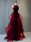 A-Line Sequins With Tulle Wine Red Long Party Dresses, Wine Red Halter Formal Prom Dresses