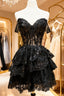 A-Line Short Black Formal Prom Dresses Sheer Corset Bodice Homecoming Dresses