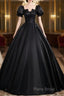 A-Line Short Sleeve Black Satin Long Formal Prom Dresses, Black Long Formal Dresses